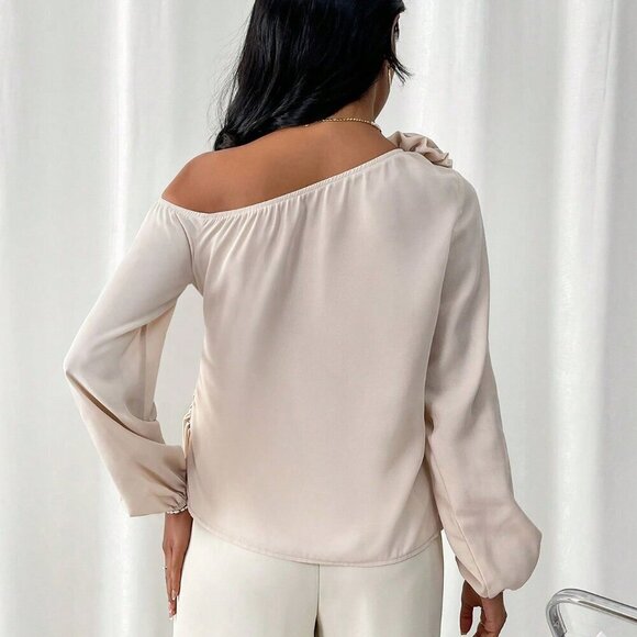 Apricot Elegant Women's Irregular Shoulder Shirt With 3d Flower Decoration - Picture 2 of 6